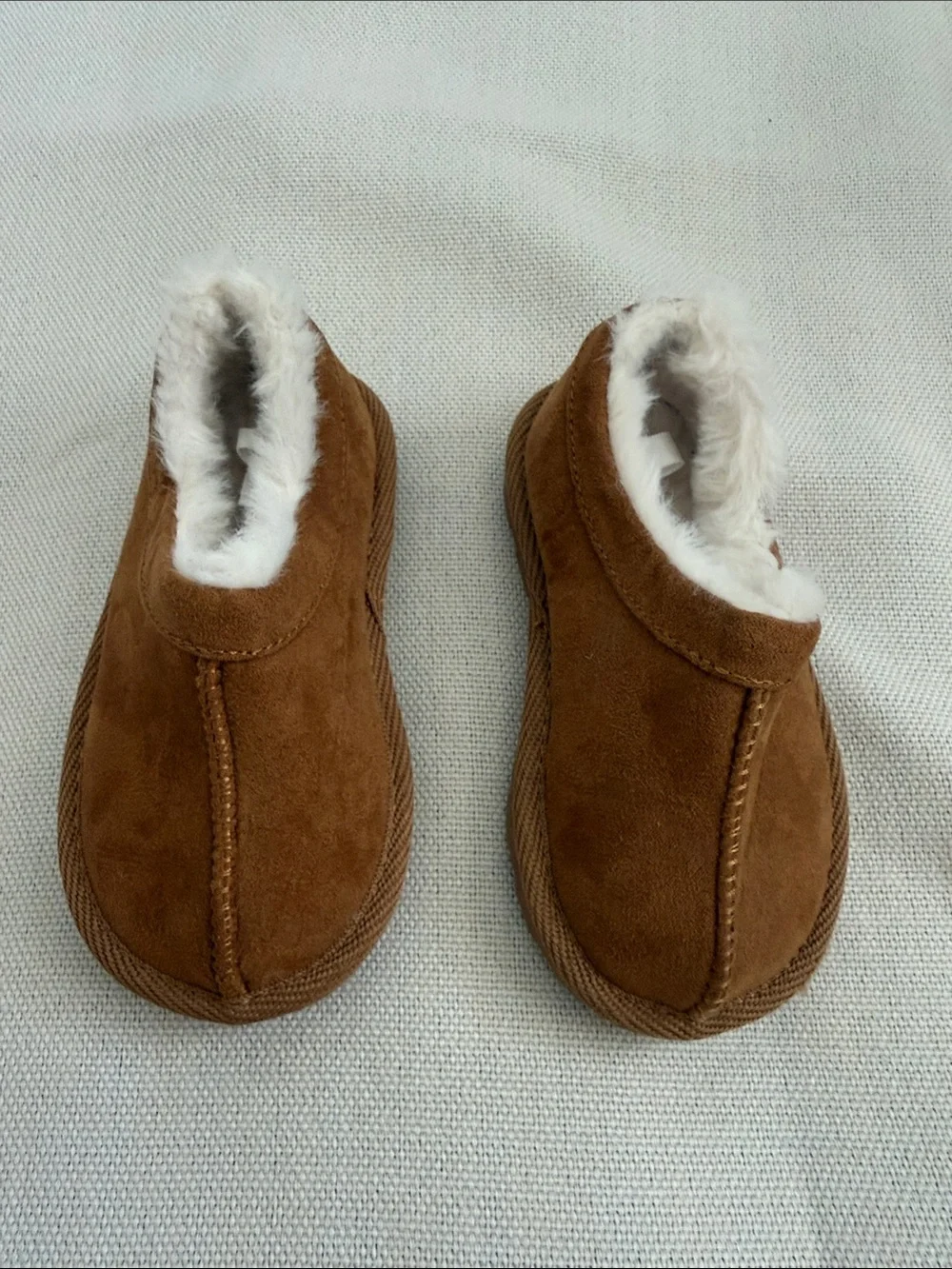 Cat & Jack Kids Brown Suede-Look Slip-On Slippers with White Faux-Fur Lining